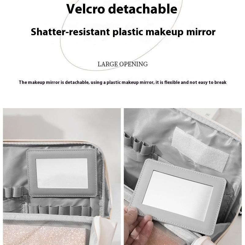 Hanging Makeup Case with Mirror, Large Capacity Travel Toiletry Bag, Trunk Organizer with Stand-Up Base & Brush Holder