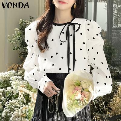 Damen Herbst Rundhals Puff Langarm Polka Dot Schnürblusen