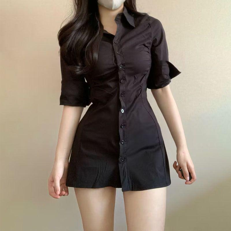 Sommer Slim Fit Raffung Hemdblusenkleid - Sexy, Taillenbetonend, Mittellanges Design für Damen