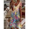 Women's Sundress Midi Dress Short Sleeve Floral Print Summer Casual V Neck Loose Dresses Plus Size 2024 Female Clothing Vestidos