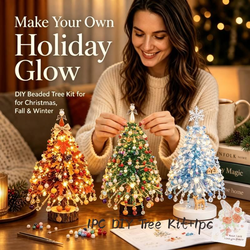 Diy Beaded Christmas Tree Kit – Crystal Bead Holiday Craft Set With Led Lights, Home Decor Gift For Adults & Kids