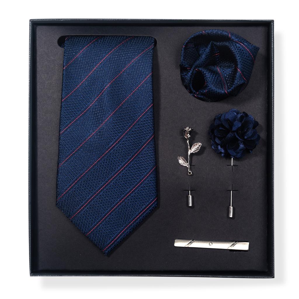 Tie Men'S Trend Net Color Striped Cashew Nut Tie 6-Piece Gift Box Square Scarf Tie Clip Corsage Set