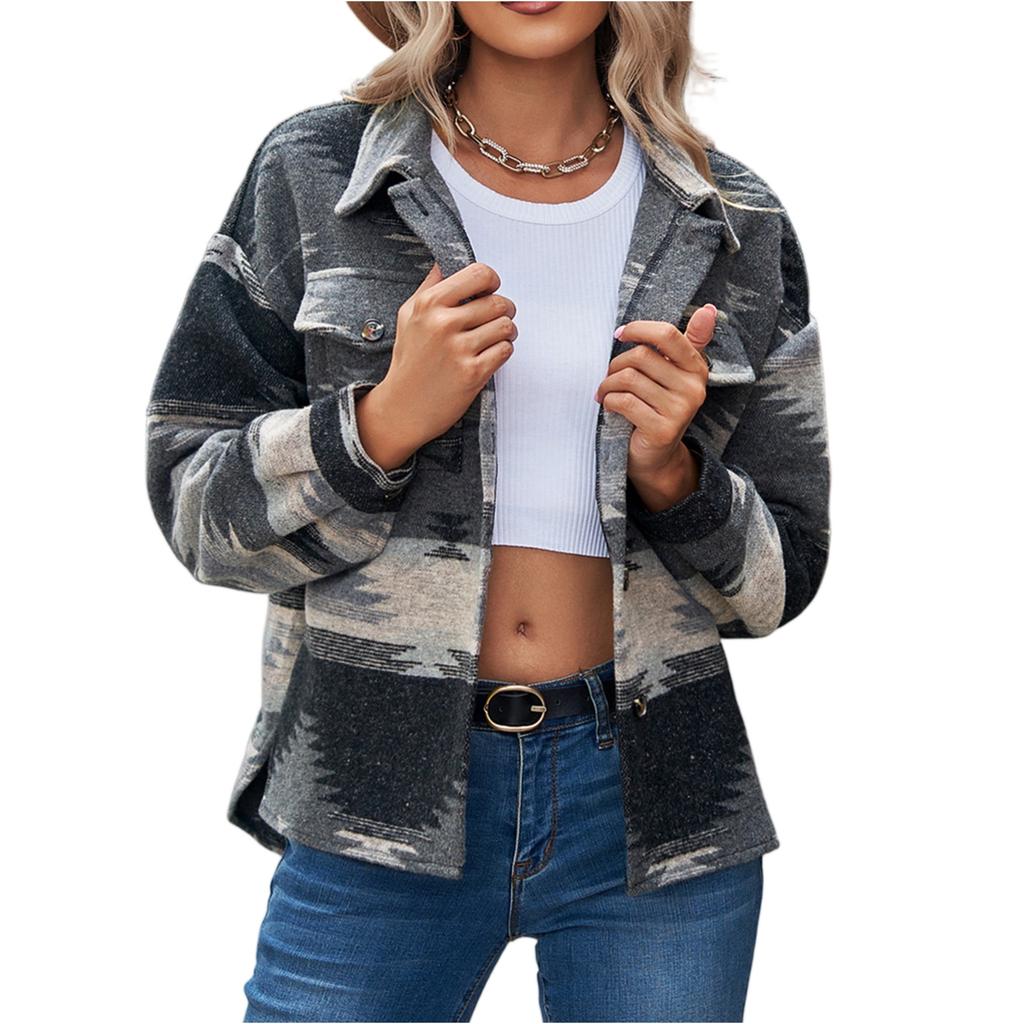 Women's Fashion Long-Sleeved Button-Printed Lapel Wool Coat