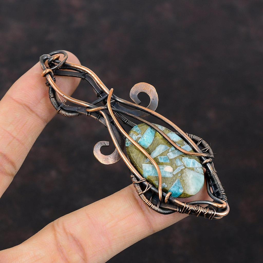 Copper Amazonite Pendant Copper Wire Wrapped Jewelry Gemstone Pendant Handmade Copper Pendant Antique Jewelry Wire Wrapped Pendant For Gift