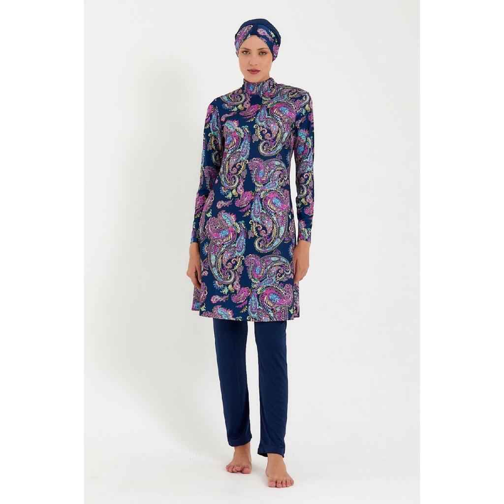 Women's Navy Blue Patterned Lycra Fully Covered Hijab Swimsuit