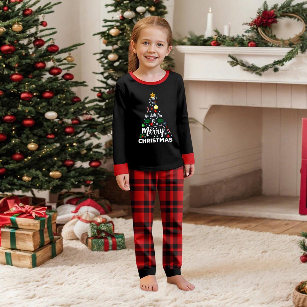 Parent Child Outfit Christmas Print Home Long Sleeved Top And Plaid Striped Trousers Set