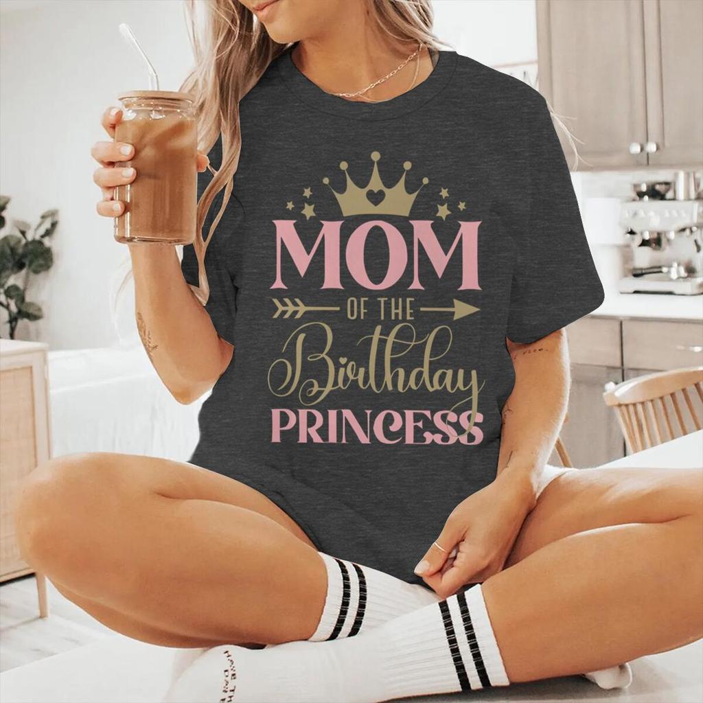 Mom Of The Birthday Princess Print T Shirts Aesthetic Crown Letter Pattern Tshirt Women Short Sleeve Fashion Streetwear Y2K Tops