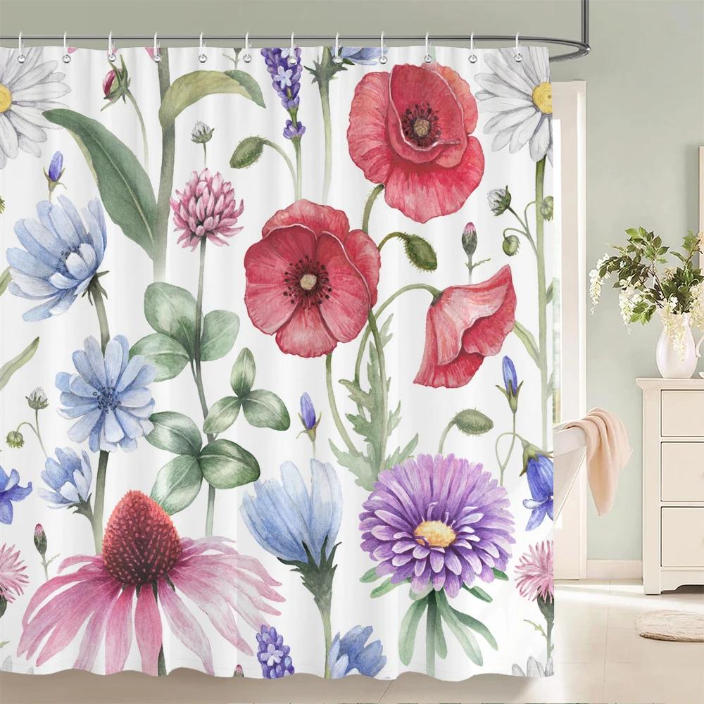 3D Printed Fabric Shower Curtains Fresh Flowers Plant Bath Screens Waterproof Bathroom Decor with 12 Hooks Shower Curtain