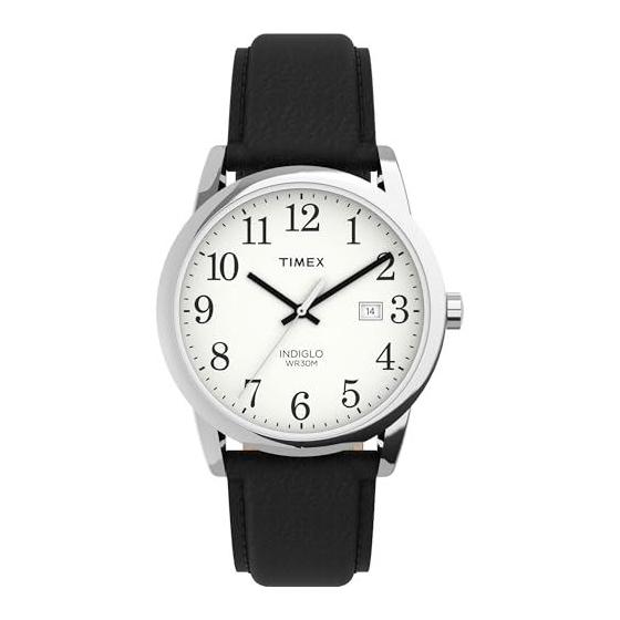 New Timex Men s Easy Reader Leather Strap 38mm Watch Mens Standard Black/Silver Tone/White.
