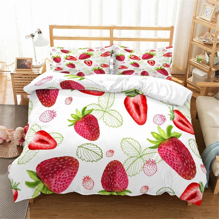 Red Strawberry Cute Bedding Set 3D Pink Lovely Summer Fruit Duvet Cover King Queen For Kids Girls 2/3pcs Polyester Quilt Cover