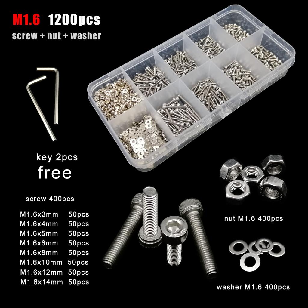 1 box M1.6 M2 M2.5 M3 M4 M5 M6 M8 DIN912 304 Stainless Steel Allen Hexagon Hex Socket Cap Head Screw Bolt Nut Washer Set Kit Box
