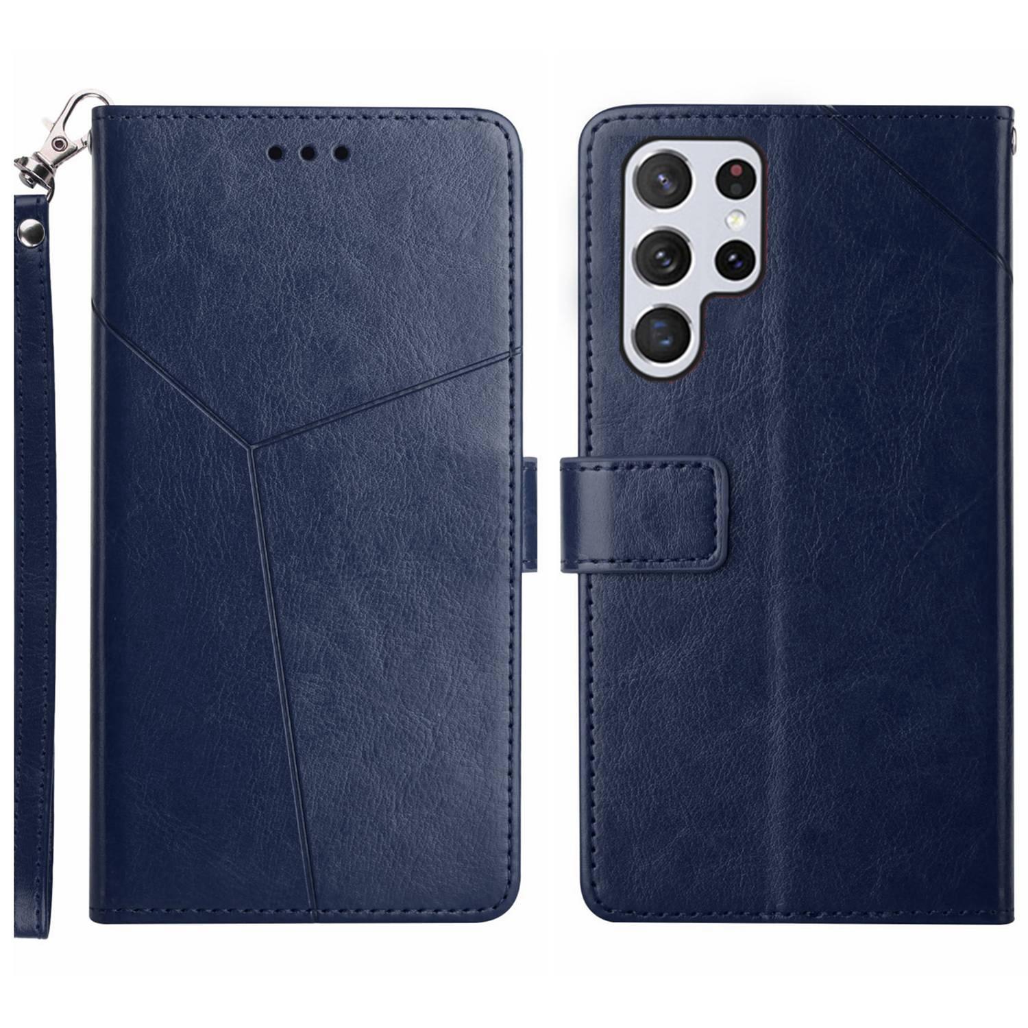 

For Samsung Galaxy S25 Ultra Case with Wrist Strap Y Shaped Lines Imprint Leather Phone Cover C