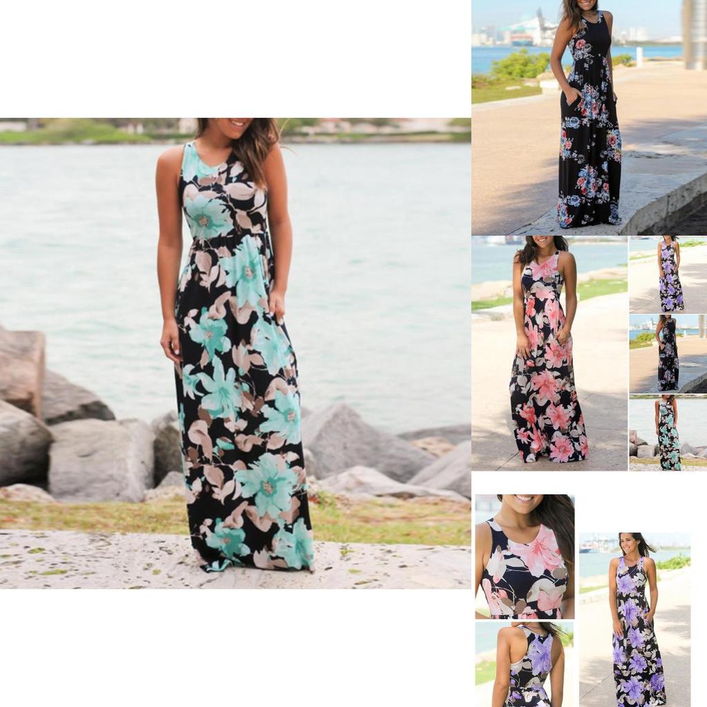 Summer Women's Elegant Casual Sleeveless Floral Printed Beach Dress Long Sundress
