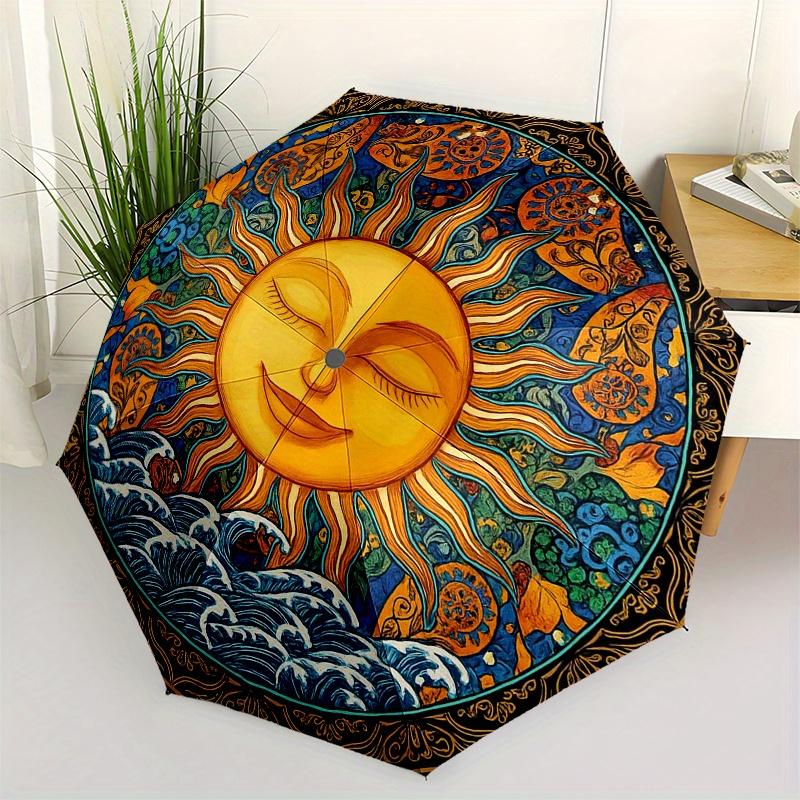 

Sunshine Mandala Wall Art Umbrella - Automatic Open Compact 3-Fold Portable Umbrella with 8-Rib Durable Frame, Vibrant Circula Iron&8K
