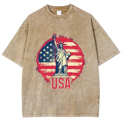 USA Amerikanische Freiheitsstatue Damen T-Shirt Locker Gewaschen Oversized Kurzarm Mode Einfaches Oberteil