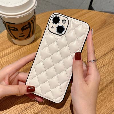 For iPhone 15 Case Rhombus Stitching PU Leather + TPU Shockproof Phone Cover