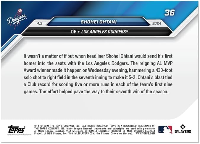 Shohei Ohtani 2024 Topps Now 36 Ohtani Commemorative card of his first home run as a Dodgers player -