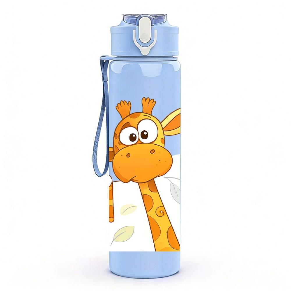 1PC Cute Giraffe Cartoon Print 750ml Color Plastic Sports Water Bottle Leakproof Flip Straw Lid Suitable for Sports Office Home Use