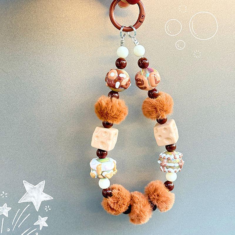 Roztomilý ručně kreslený korálkový řetízek na telefon, sladký přívěsek na klíče, kreativní řemínek na zápěstí proti ztracenému telefonu, dekorace na tašku, dárky