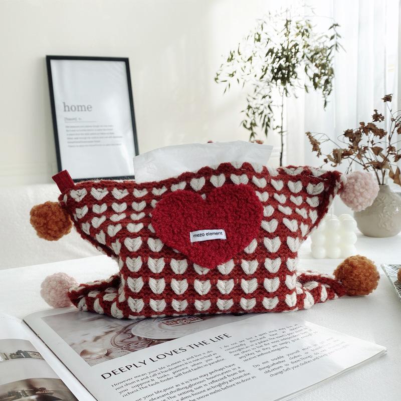 

1pcs Heart Pattern Knitted Tissue Box Tissue Storage Bag for Bedroom Living Room & Desktop Decor Toilet Paper Organizer красный