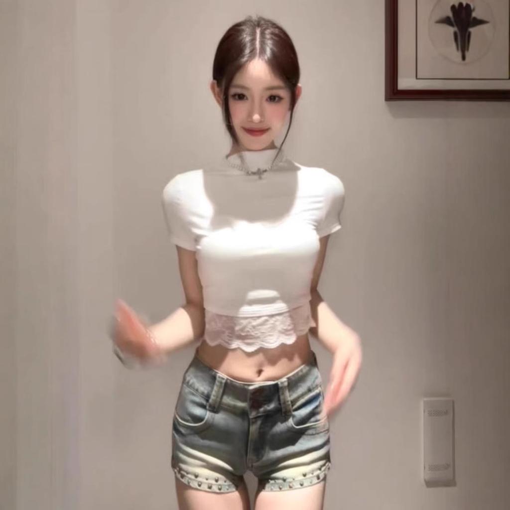 Lace Splicing Design Semi-turtleneck Pure Desire Short-sleeved T-shirt Spice Girl Fashion Slim-fitting Top Ins Women