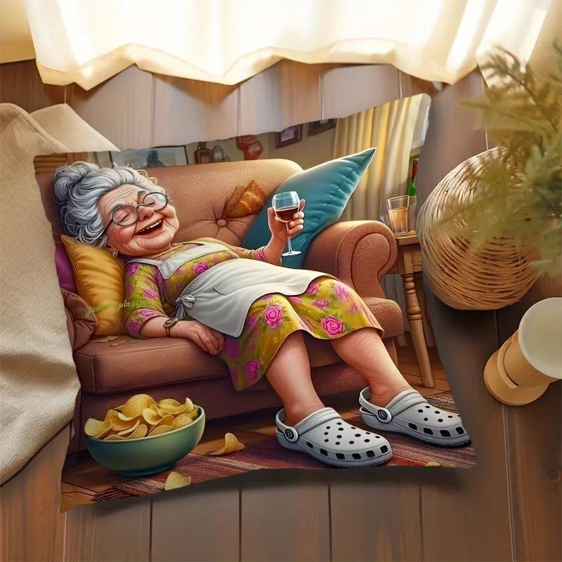 1Pc Cartoon Happy Grandma Themed Printed Throw Pillow Cover, Suitable For Sofa, Bedroom, Living Room, A Fun Gift For Seniors.