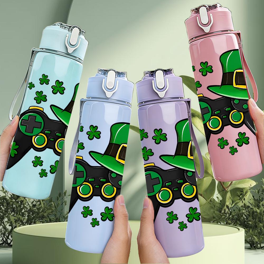 1PC Shamrock Game Controller Graphic 750ml Color Plastic Water Bottle Leakproof Flip Straw Lid For Sports Office Home Use