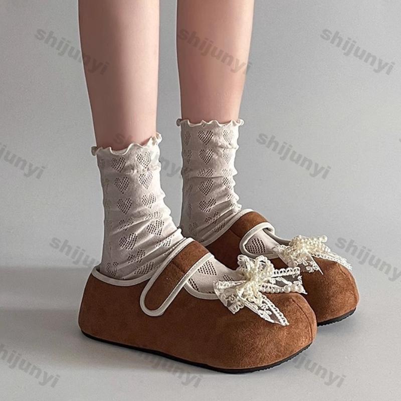 Mode Damen Schuhe 2025 Frühling Neu Rutschfeste Plateau Schleife Spitze Halbschuhe Mode Komfort Höhenerhöhung Damen Vintage Schuhe