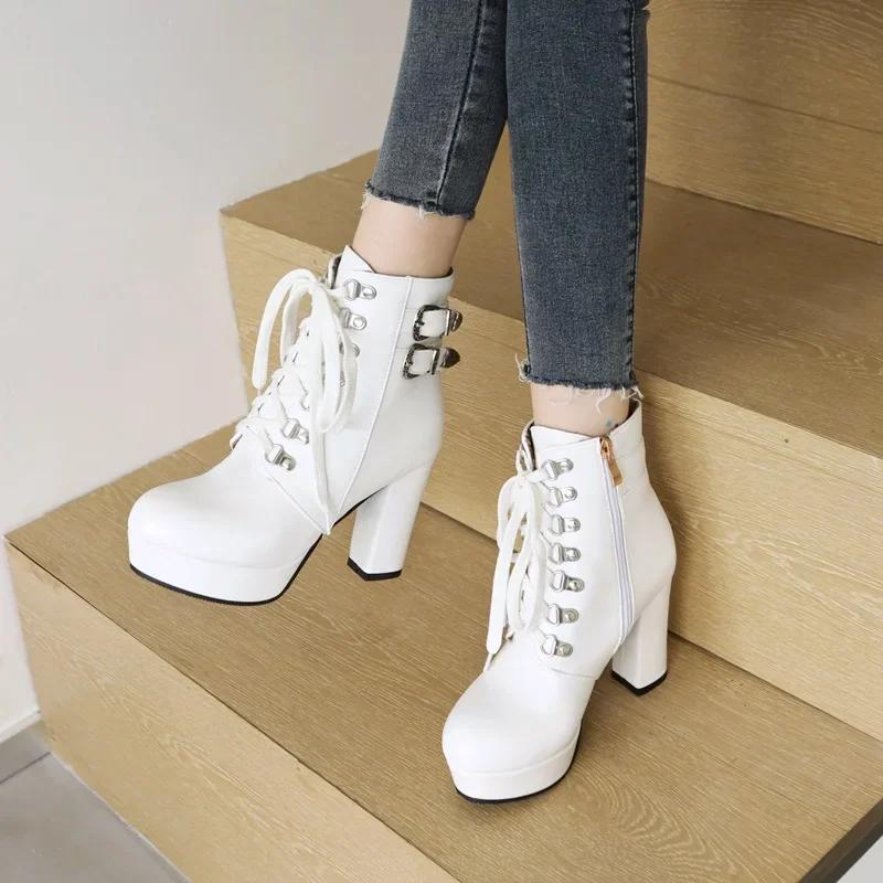 Stivali Ankle Boots Donna Fibbia Tacco Alto Spesso Rosso Rosa Nero Abito da Festa Donna Inverno Peluche Allacciatura Zip Piattaforma Stivaletti Corti