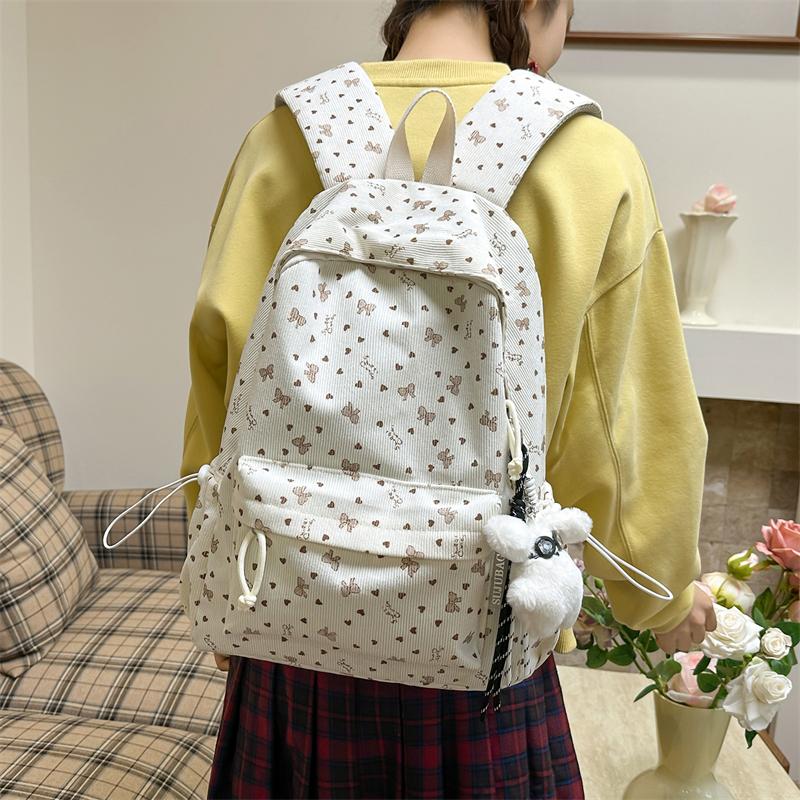 College Style Schoolbag Women's Bow Corduroy Travel Backpack