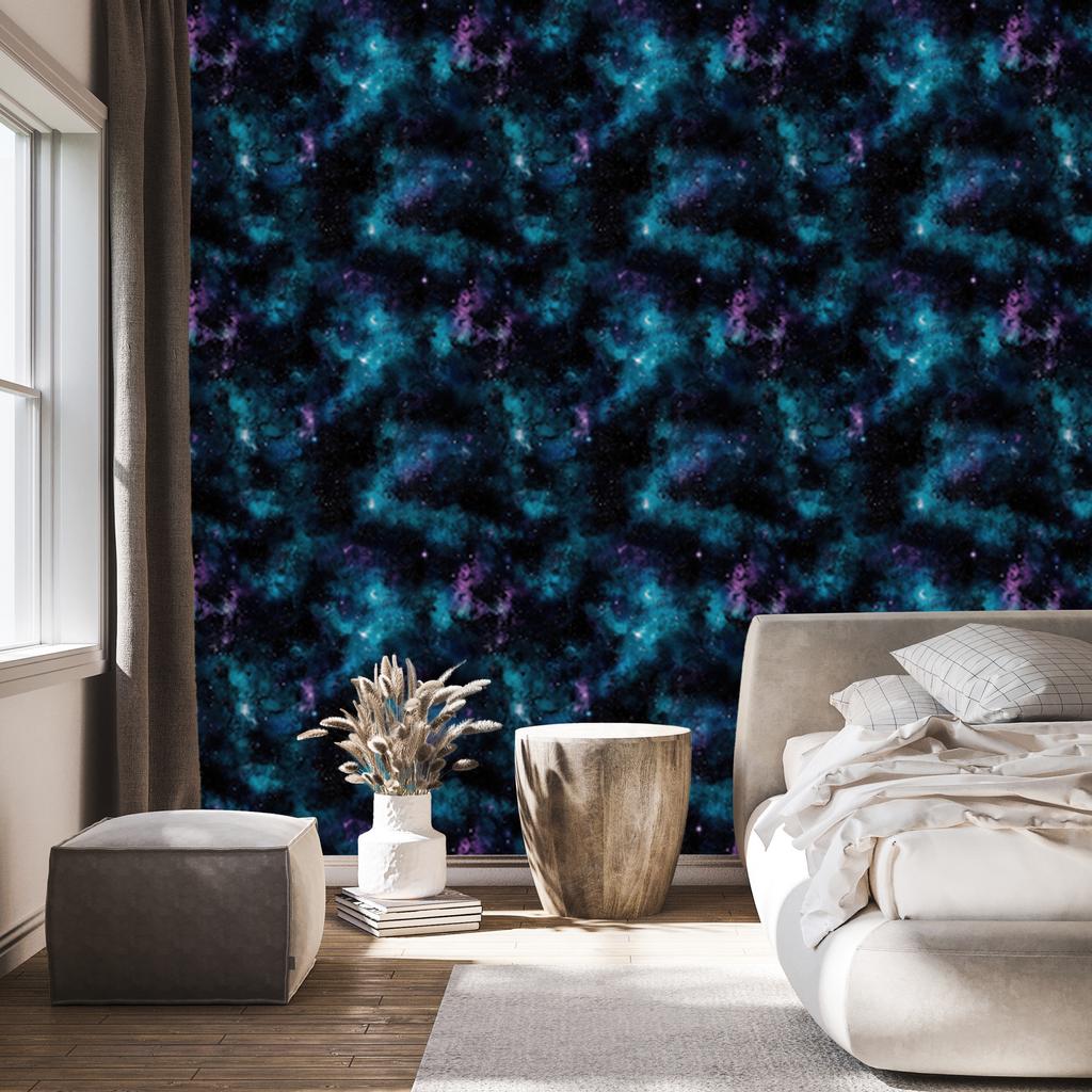 Watercolor Galaxy Wallpaper Navy Blue, Black and Turquoise 50x1000