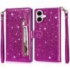 For iPhone 16 Plus Stand Case Glitter Phone Leather Cover Zipper Pocket