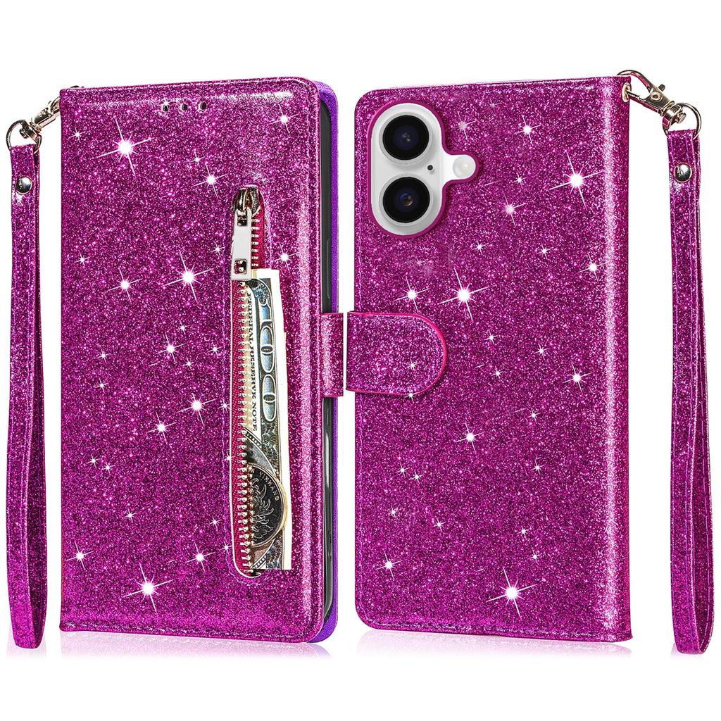 For iPhone 16 Plus Stand Case Glitter Phone Leather Cover Zipper Pocket