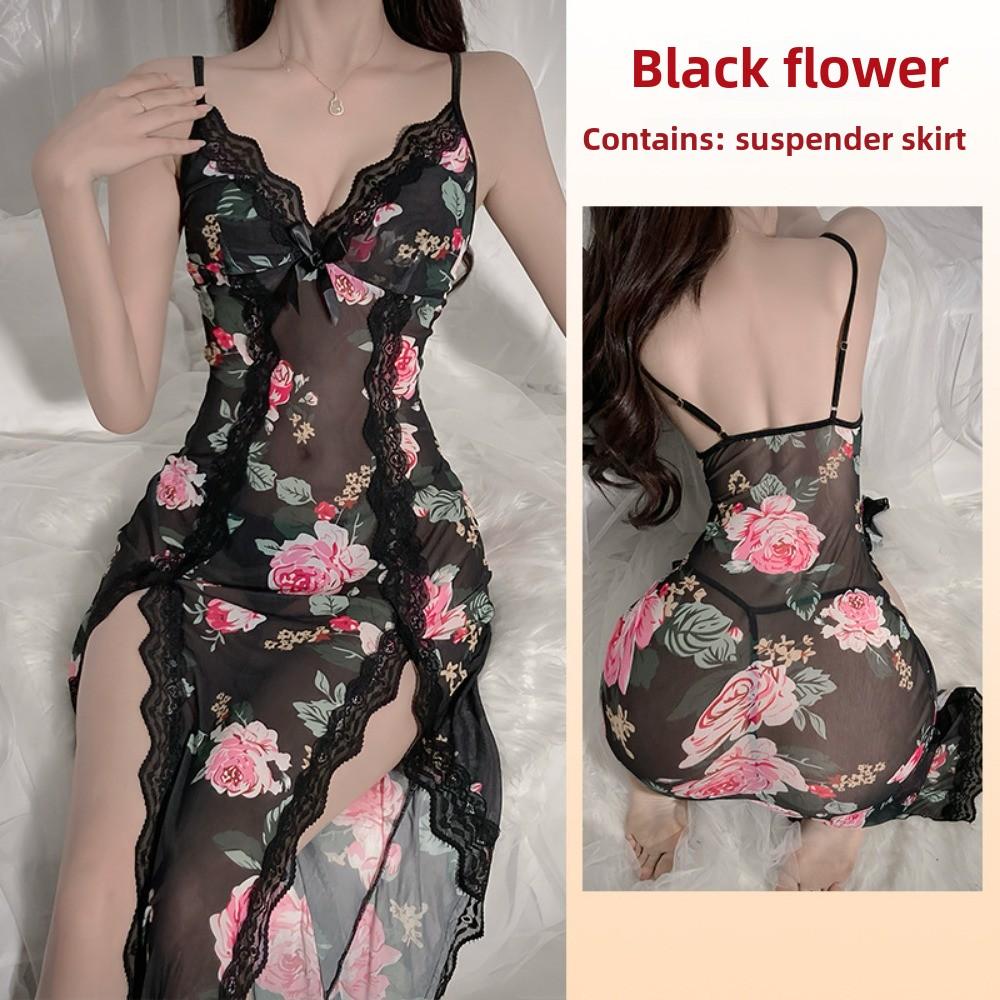 Sexy Mesh Deep V Lace Pajamas Side Split Suspender Skirt Extended Loungewear Pajamas
