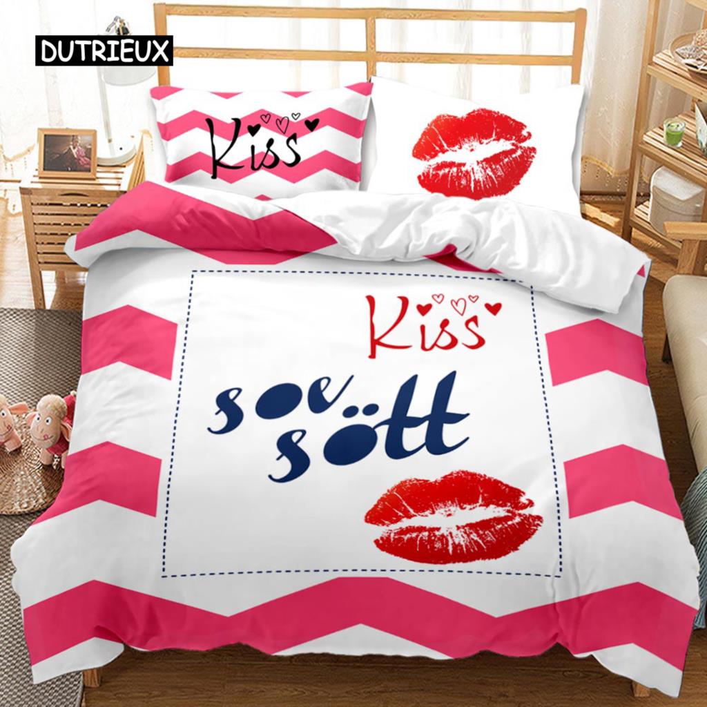 Red Lip Duvet Cover Set Red Lip Lipstick Sexy Adult Couple Comforter Cover Valentine's Day Gift for Lover Polyester Qulit Cover
