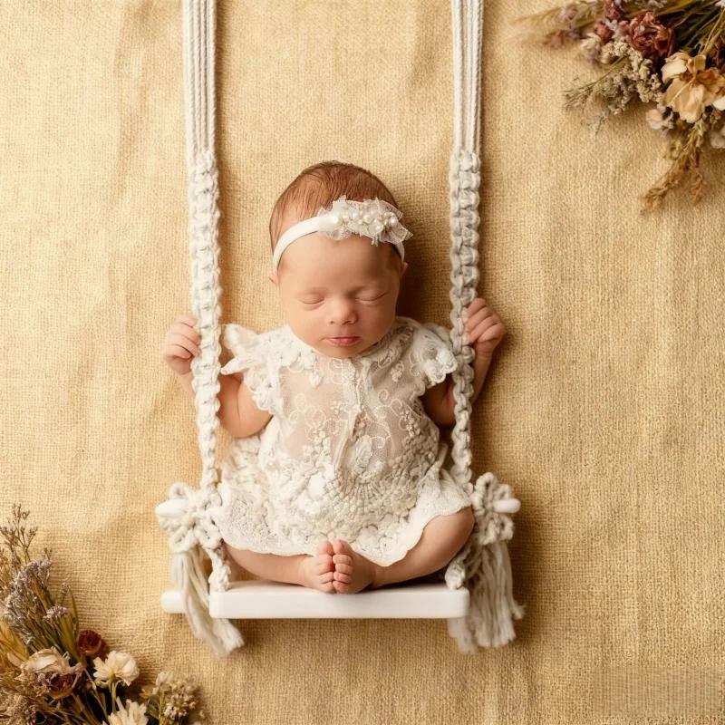 Vintage Wooden Macrame Swing Newborn Photography Prop Soft Photo Shooting Chair Babies Infants Essential Fotografia Accessories