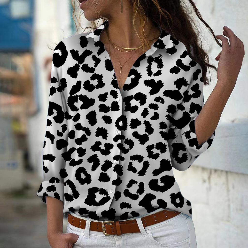 Stone Print Women Blouse Spring Autumn Femme Office Lady Button Up Turn Down Collar Shirts