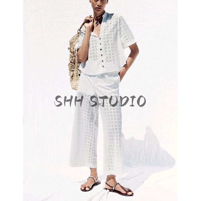 Summer New Cotton Cut Out Embroider Short Sleeve Shirt 2587076 High Waist Wide-Leg Casual Pants 2587077