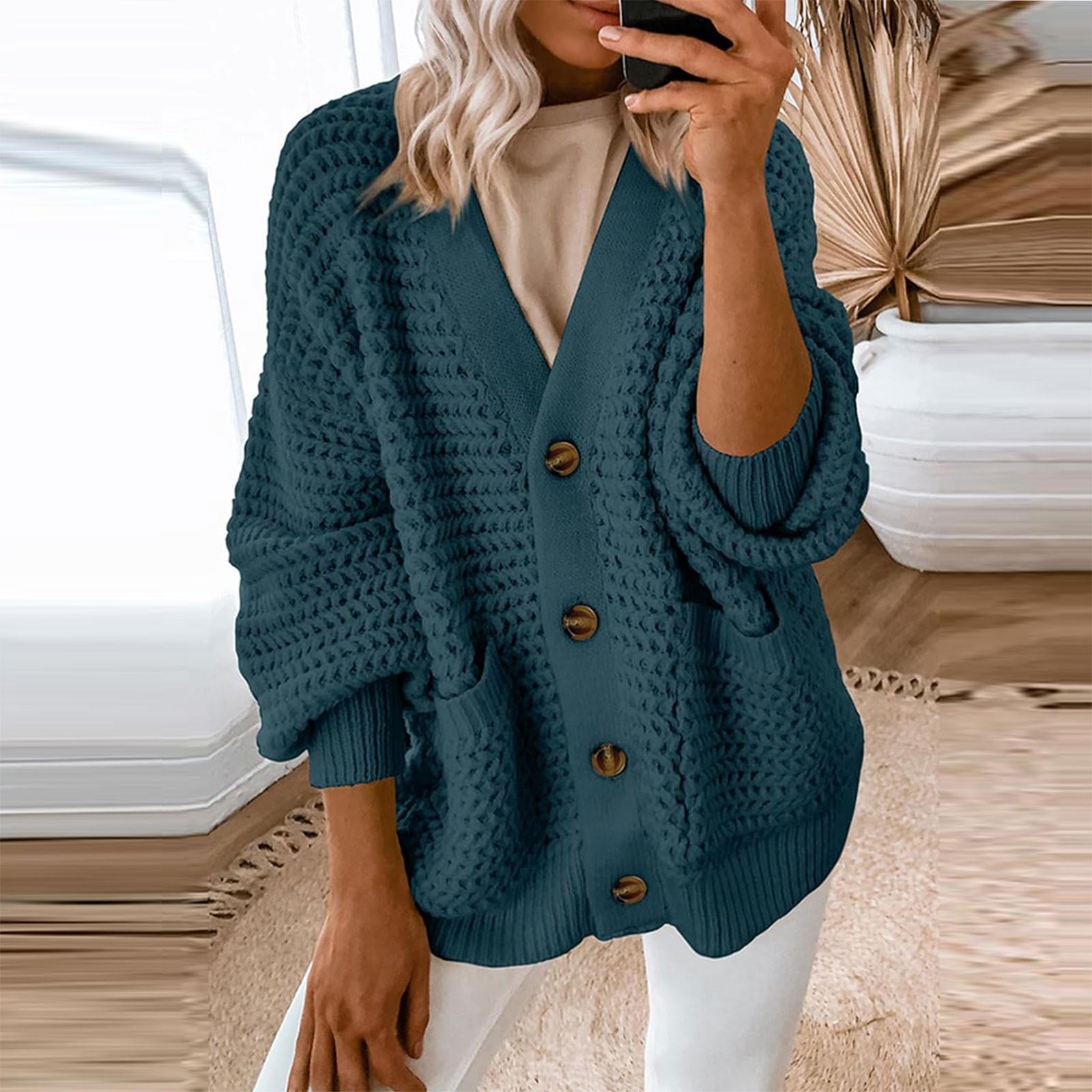 

Жіночий модний повсякденний однотонний одноколірний відкритий светр з довгим рукавом і товстим в’язанням XL темно-зелений колір