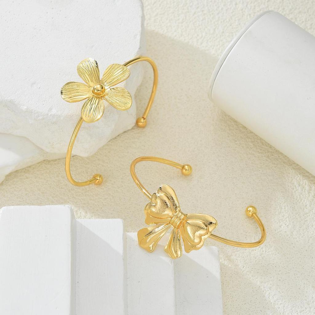 iF ME 2pcs Gold Color Flower Bowknot Open Cuff Bangle Set For Women European & American Minimalistic Elegant Design Bracelet Jewelry