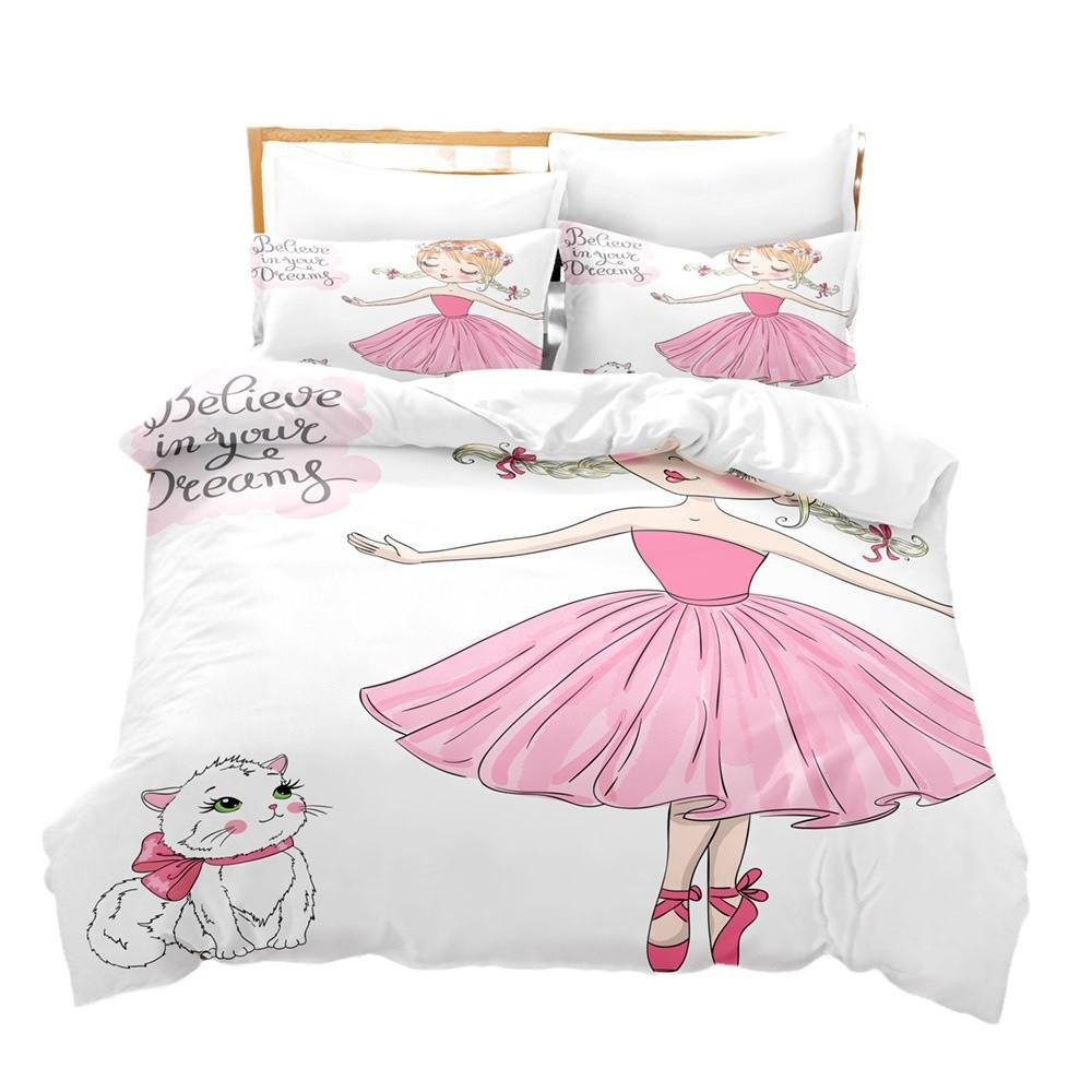 3D Digital Printing Three-Piece Bedding Girl Kit Pink Ballet Princess Dance Bedding