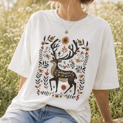 Nordic Folk Art Deer T-Shirt Woodland Boho Nature Graphic Tee Cottagecore Aesthetic Scandinavian Style Sweater
