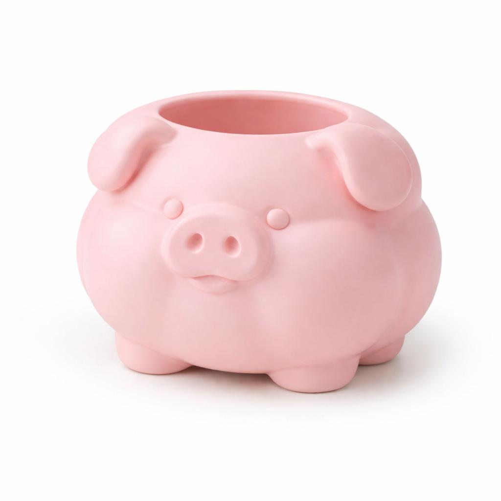 Ein Behälter in Form eines prallen rosa Schweins
