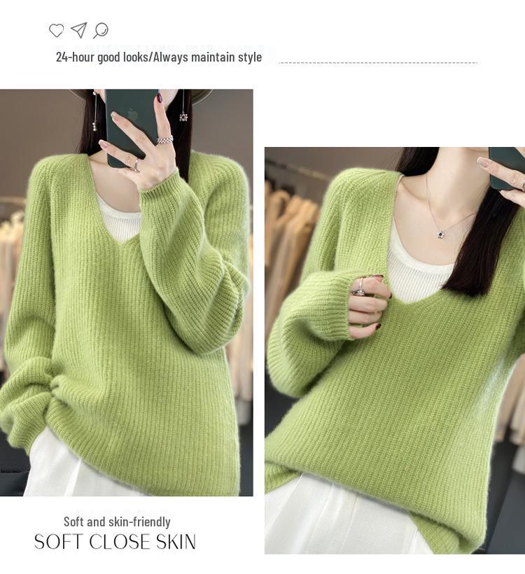 V-Neck Women's Long-Sleeve Pure Wool Sweater – Cozy Autumn/Winter Knitwear