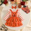 Kleinkind Mädchen Halloween Outfit Langarm Gestreifter Body Kürbisgesicht Doppellagiger Latzrock mit Stirnband Set