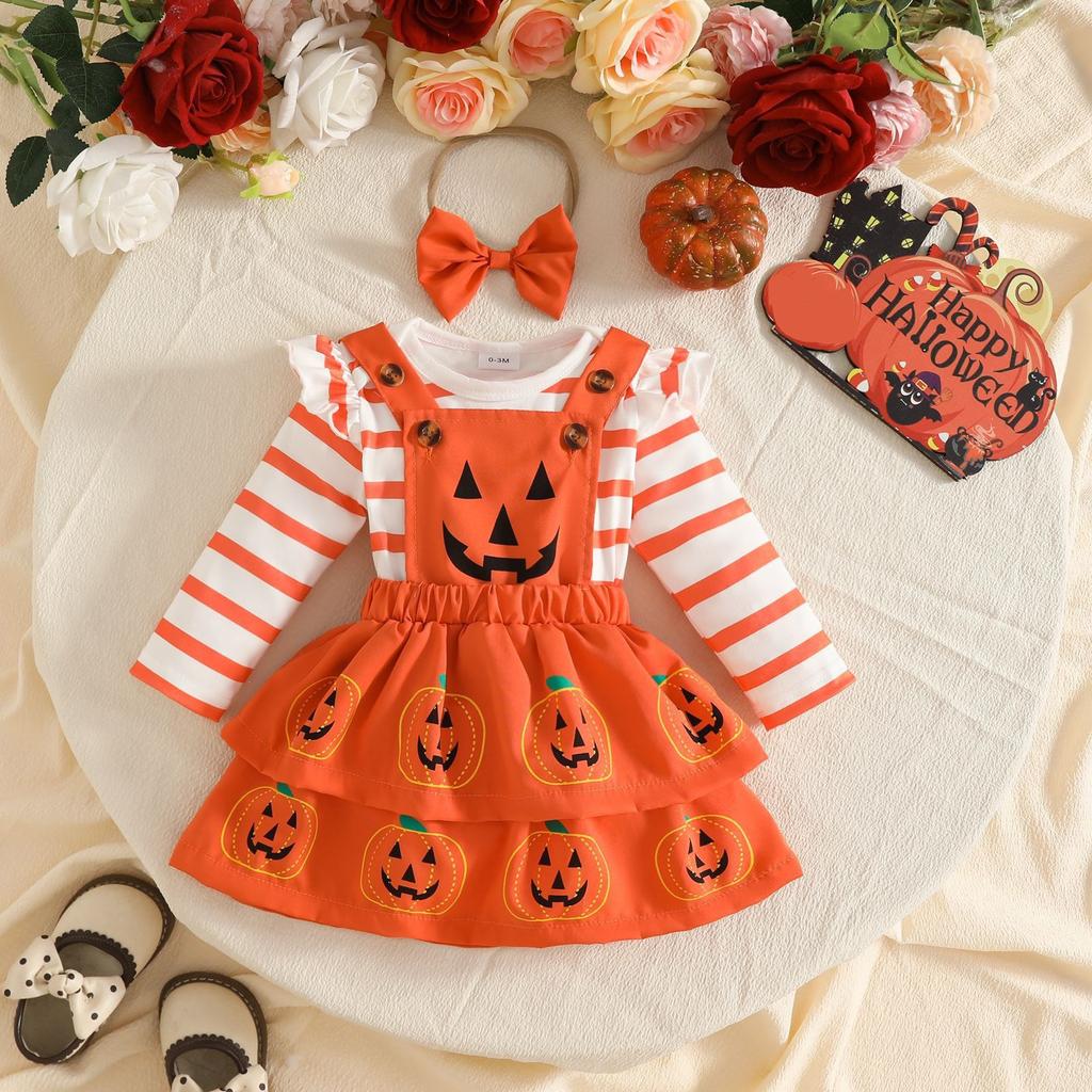 Kleinkind Mädchen Halloween Outfit Langarm Gestreifter Body Kürbisgesicht Doppellagiger Latzrock mit Stirnband Set