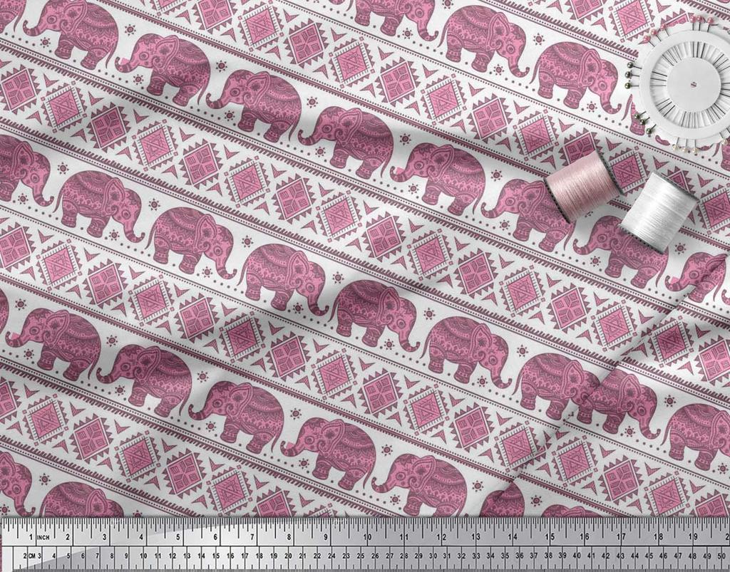 Soimoi Japan Crepe Satin Fabric Aztec & Tribal Elephant Ethnic Print Sewing Fabric Metre 42 Inch