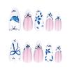 24 Pcs French Tip Press On Nail Short Almond False Nail Bows Full Cover Stick On Nail Blue Flowers Acrylic Nail
