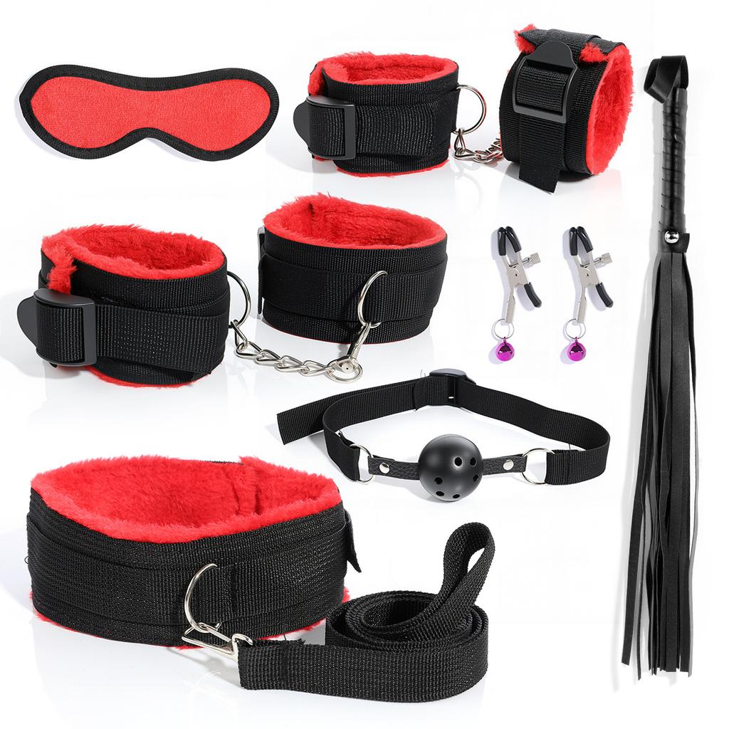 BDSM Bondage Bundle Set Leather Plush Blindfold Handcuffs Whip Nipple Clip Adult Sex Toys Women Erotic Restraint Game Kit
