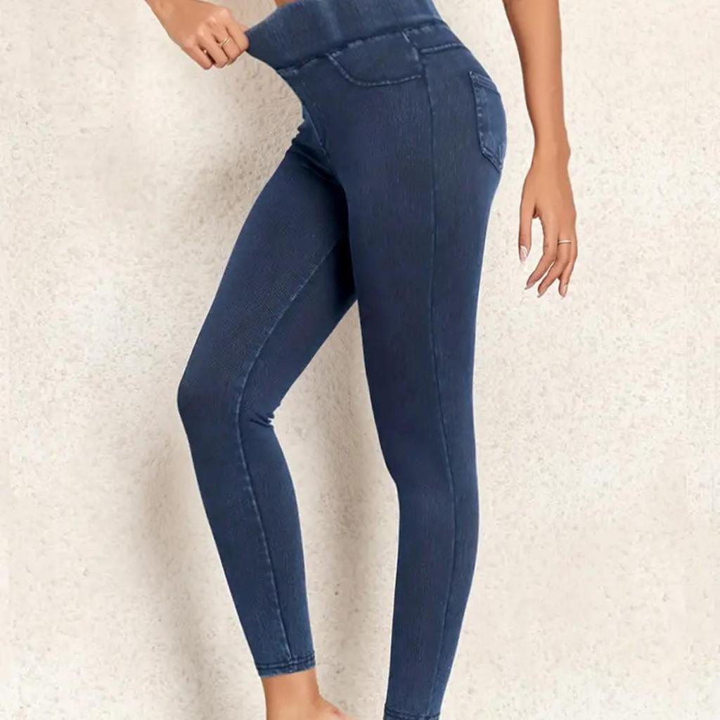 European-Style Faux Denim Yoga Pants: Slimming, High-Waist, Tummy Control, Leg-Lifting, Hip-Enhancing with Pockets.